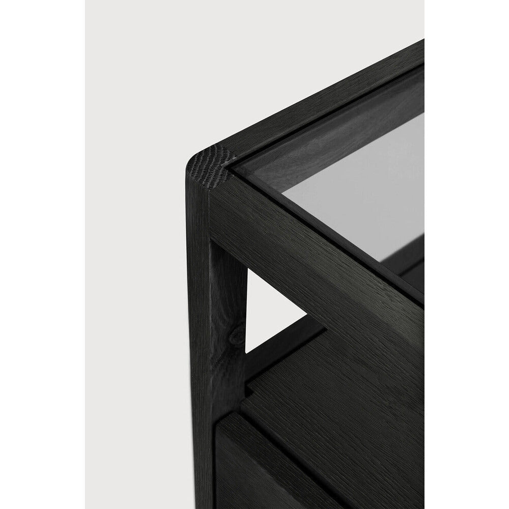 Table de chevet moderne en verre et bois avec tiroir simple et étagère ouverte pour chambre à coucher
