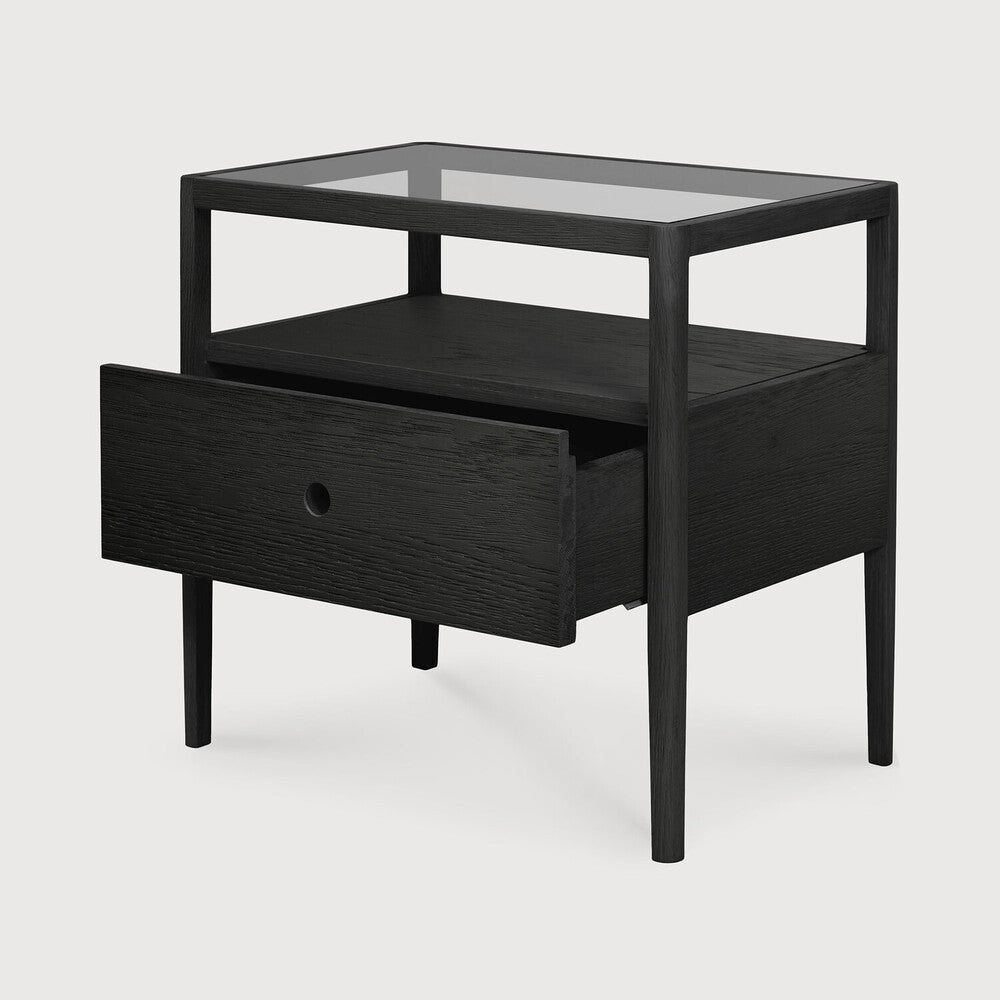 Table de chevet moderne en verre et bois avec tiroir simple et étagère ouverte pour chambre à coucher