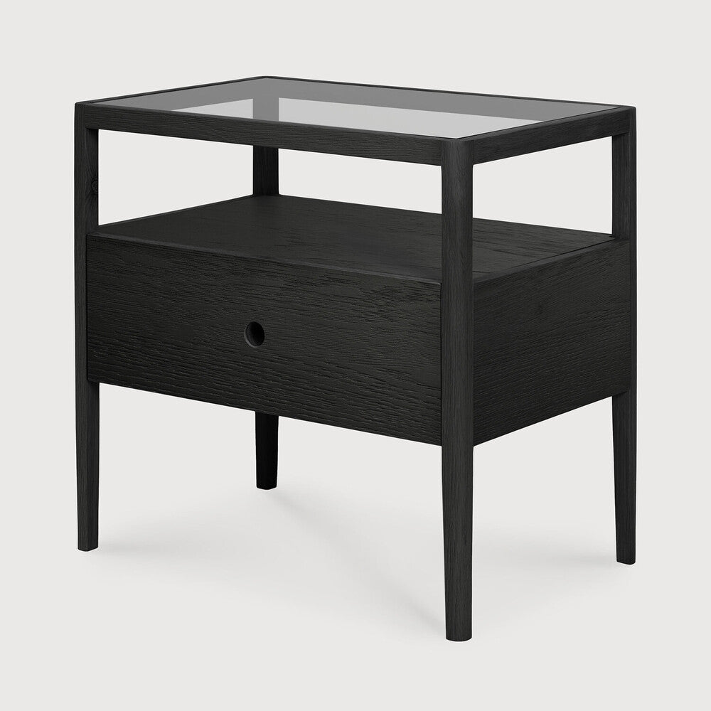 Table de chevet moderne en verre et bois avec tiroir simple et étagère ouverte pour chambre à coucher