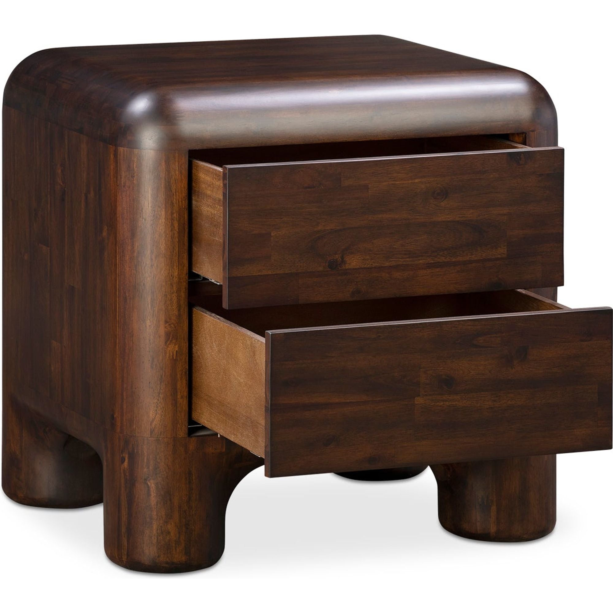 Table de chevet en acacia massif et noyer, pieds épais, avec deux tiroirs à fermeture amortie pour chambre à coucher