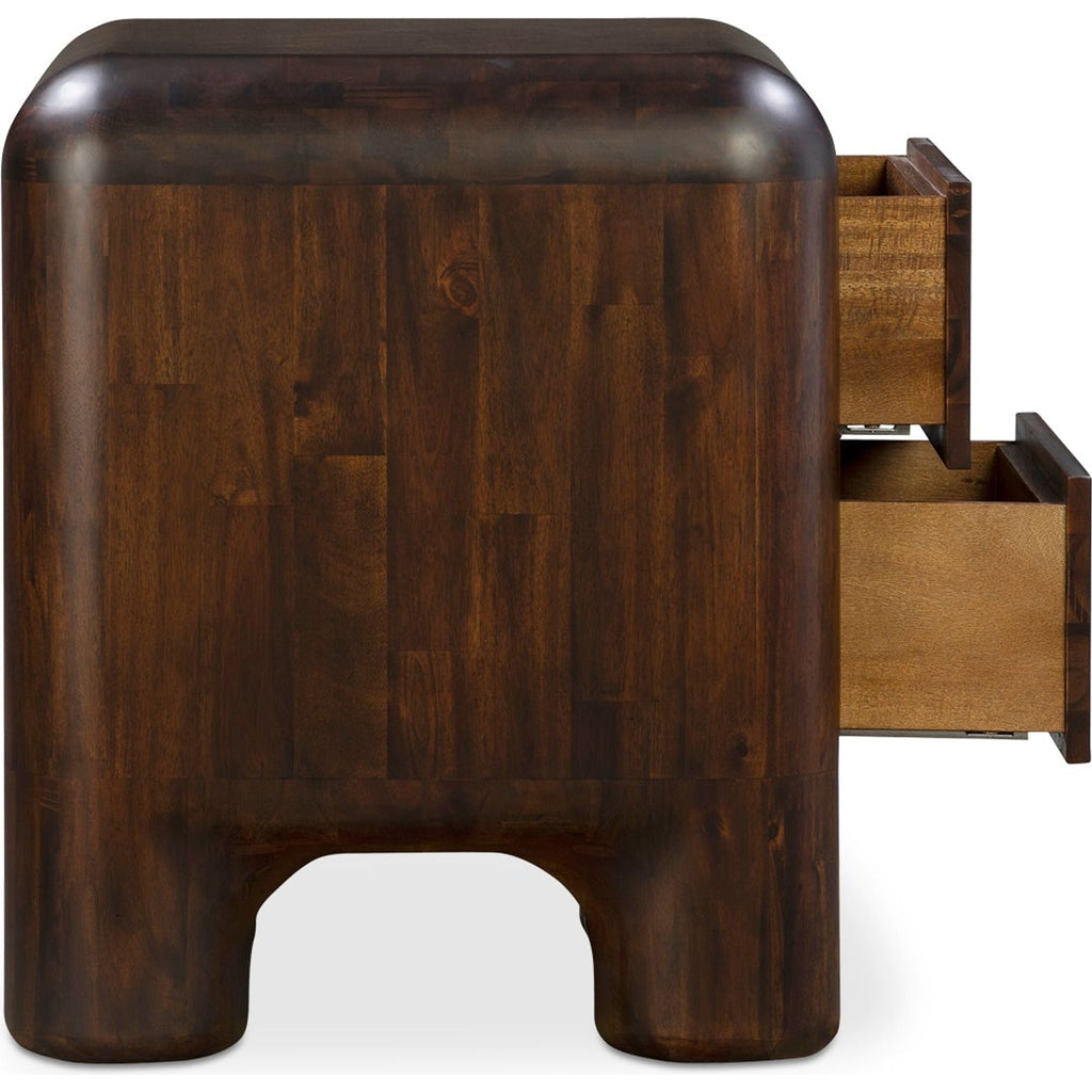 Table de chevet en acacia massif et noyer, pieds épais, avec deux tiroirs à fermeture amortie pour chambre à coucher