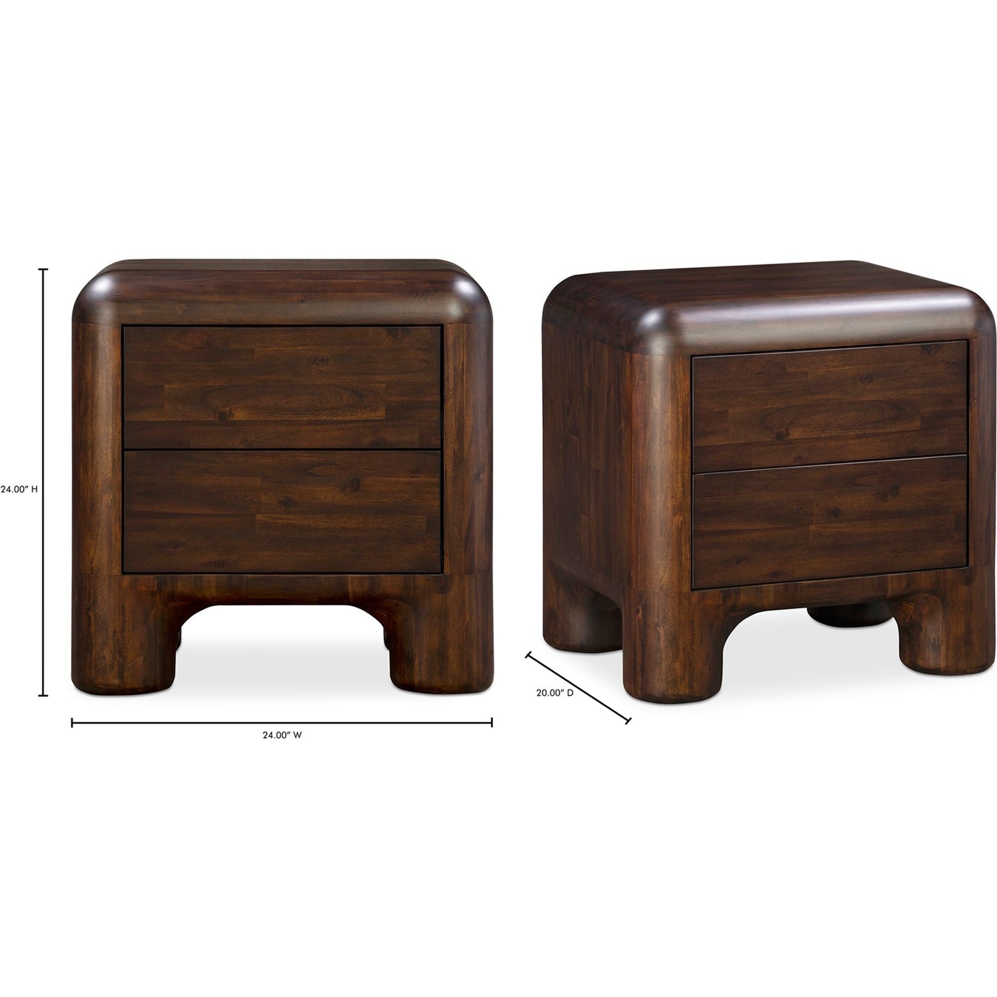 Table de chevet en acacia massif et noyer, pieds épais, avec deux tiroirs à fermeture amortie pour chambre à coucher