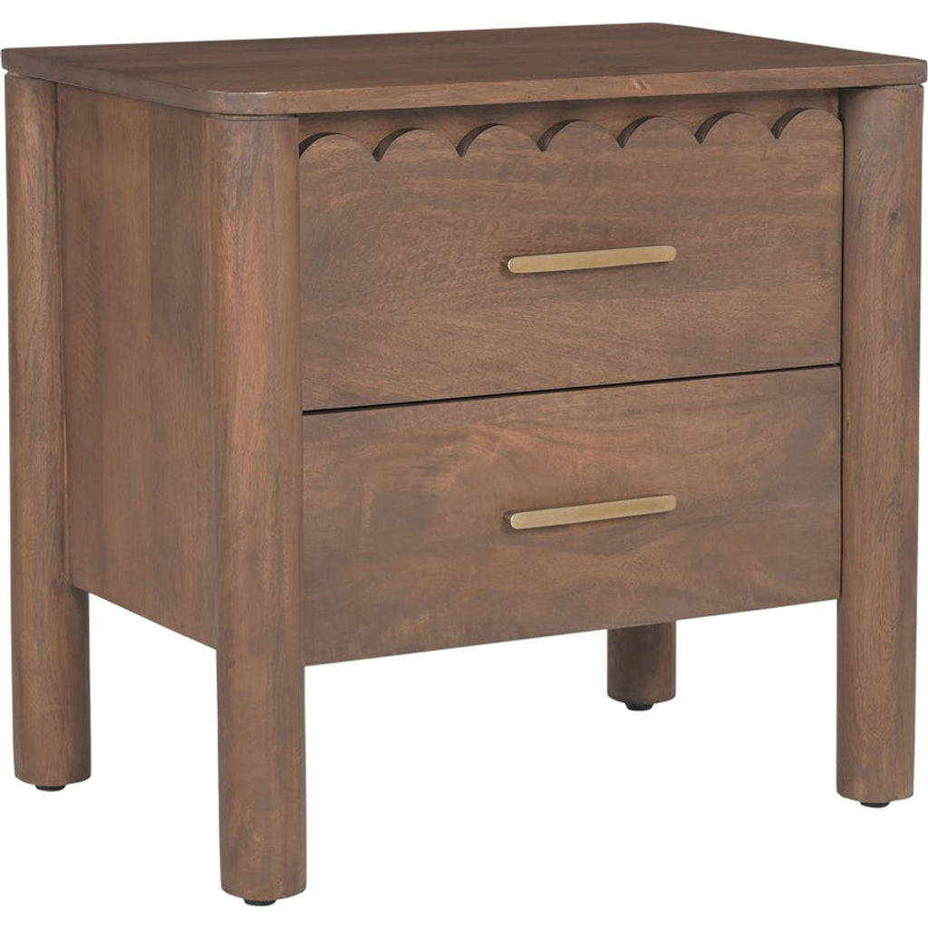Table de chevet Shaker en bois de manguier avec bord festonné et poignées en laiton massif pour chambre à coucher