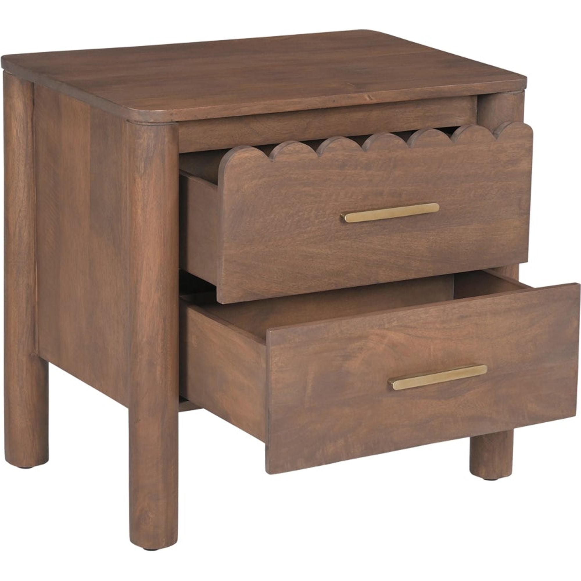 Table de chevet Shaker en bois de manguier avec bord festonné et poignées en laiton massif pour chambre à coucher