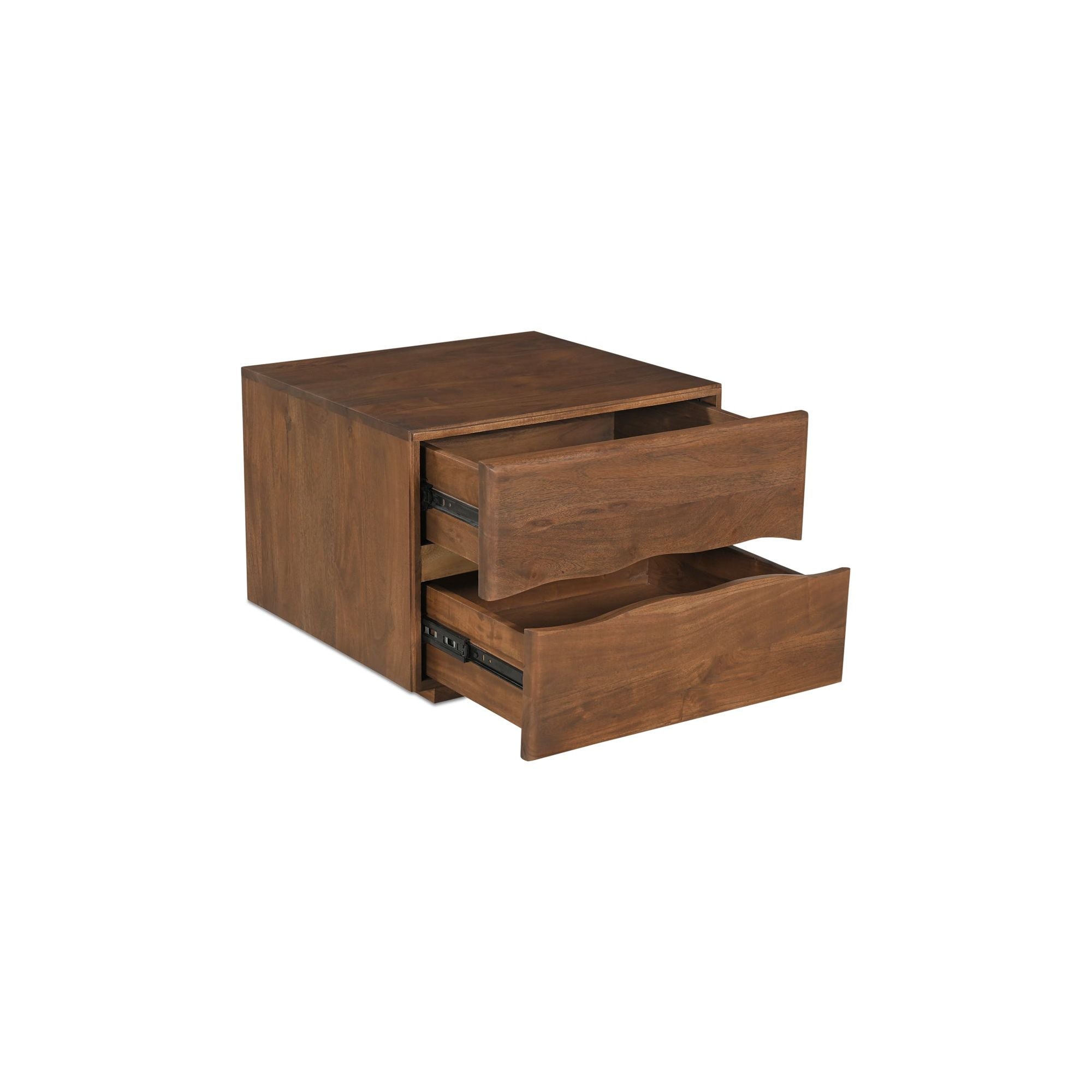 Table de chevet en acacia massif naturel et finition noyer avec détails de bords bruts et deux tiroirs pour chambre à coucher