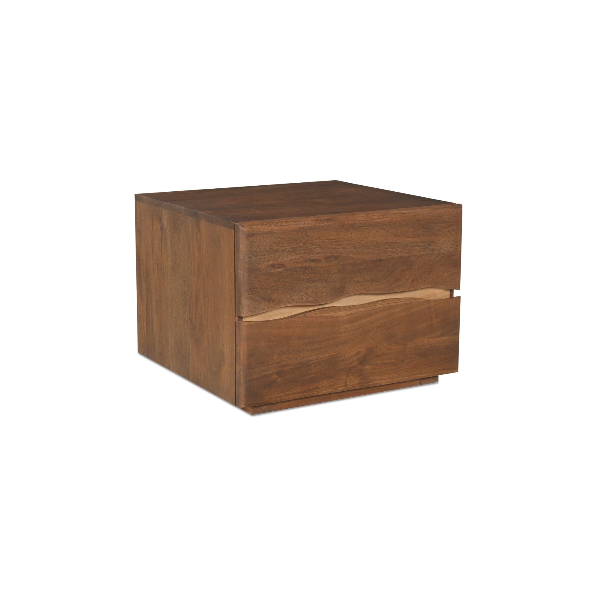 Table de chevet en acacia massif naturel et finition noyer avec détails de bords bruts et deux tiroirs pour chambre à coucher
