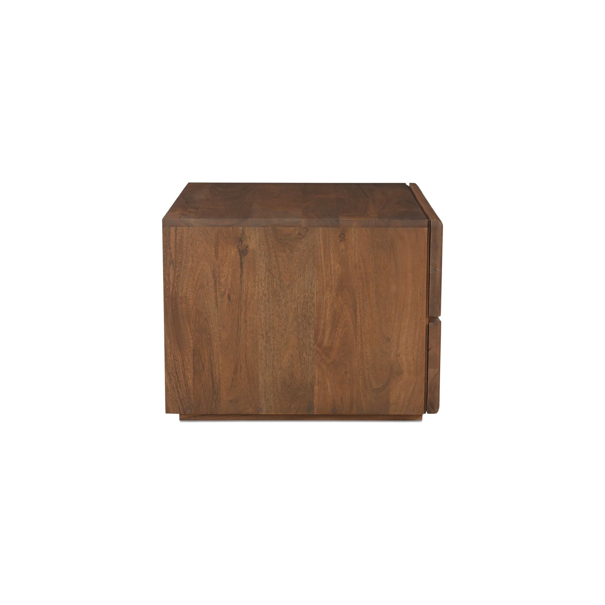 Table de chevet en acacia massif naturel et finition noyer avec détails de bords bruts et deux tiroirs pour chambre à coucher