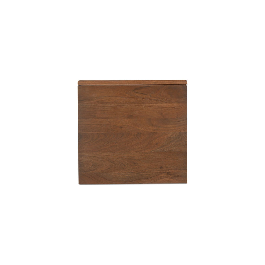 Table de chevet en acacia massif naturel et finition noyer avec détails de bords bruts et deux tiroirs pour chambre à coucher