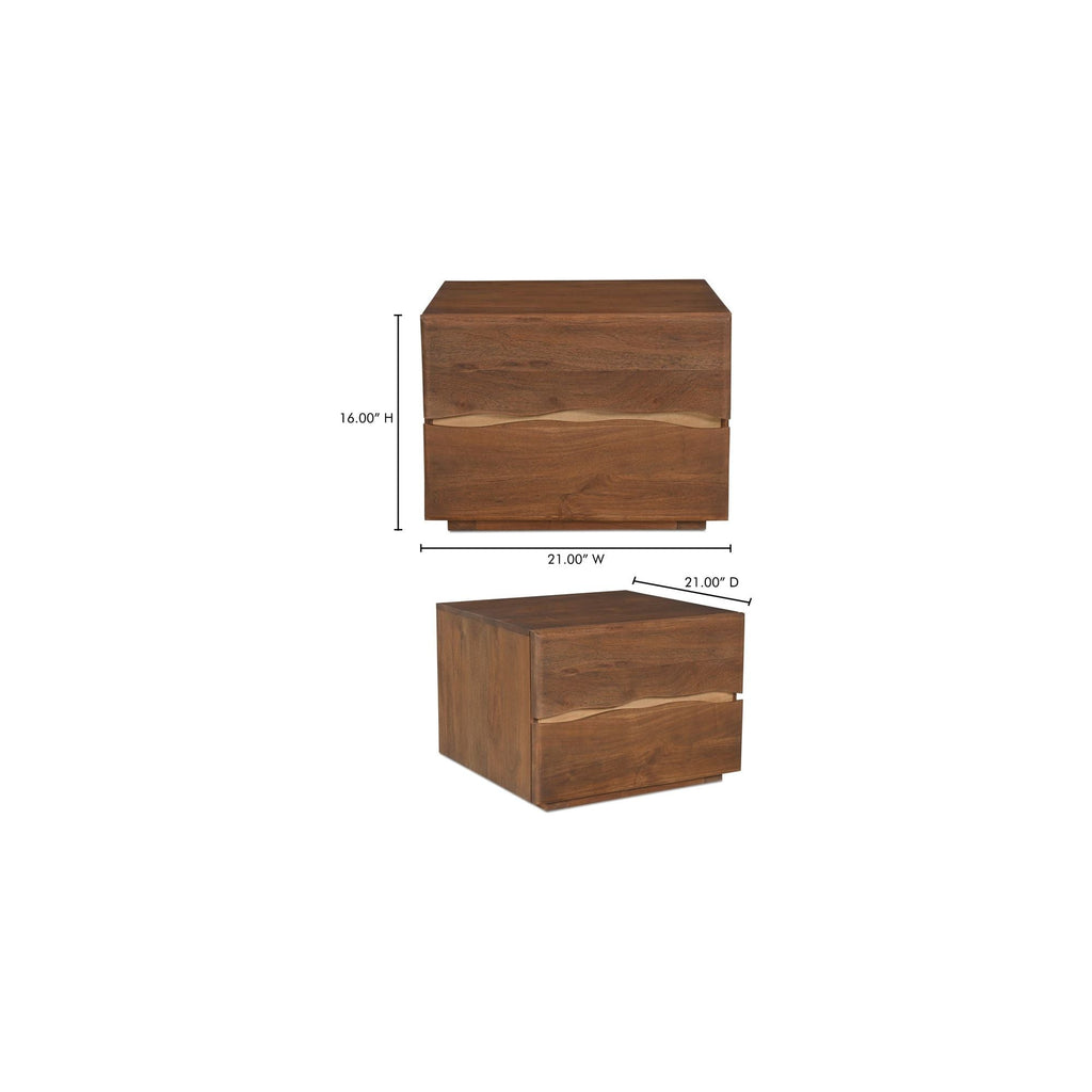 Table de chevet en acacia massif naturel et finition noyer avec détails de bords bruts et deux tiroirs pour chambre à coucher