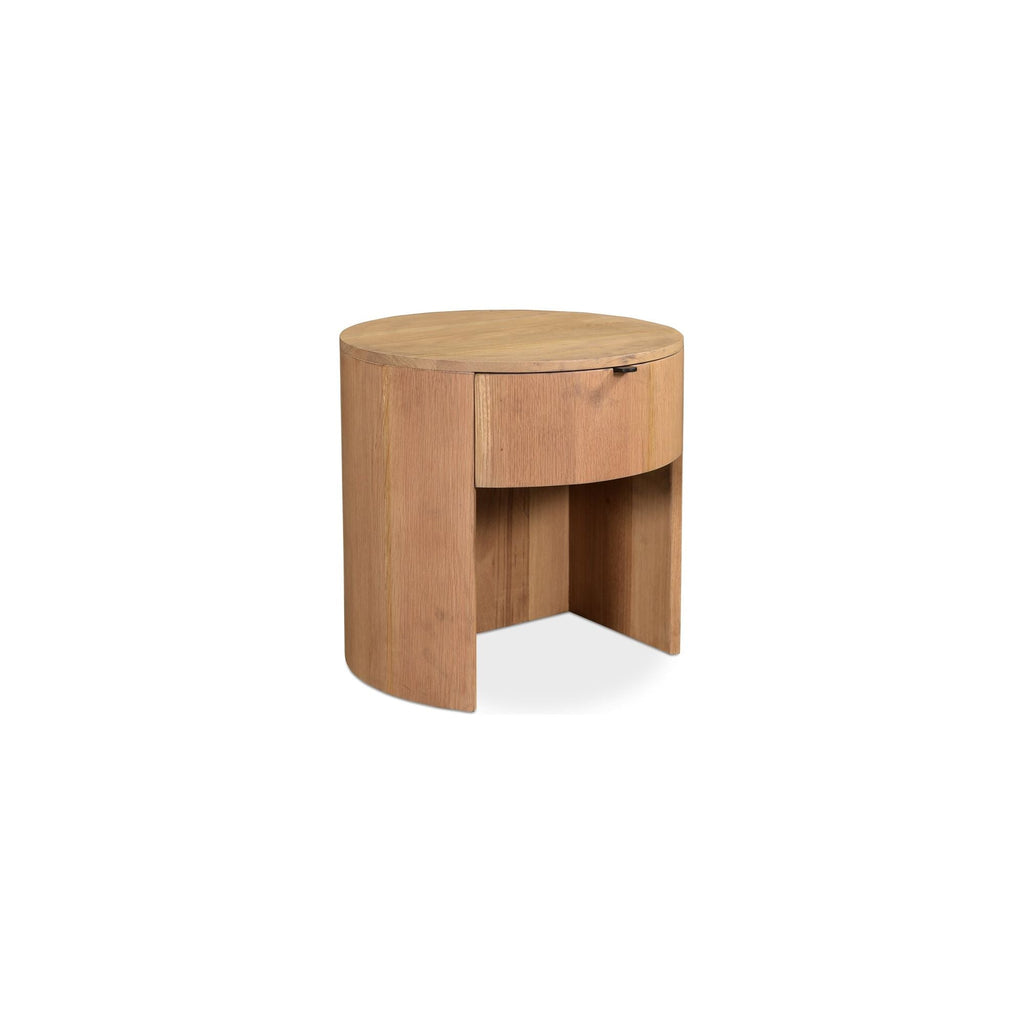 Table de chevet minimaliste en chêne massif courbé à 1 tiroir avec glissières à fermeture douce et poignée métallique pour chambre à coucher