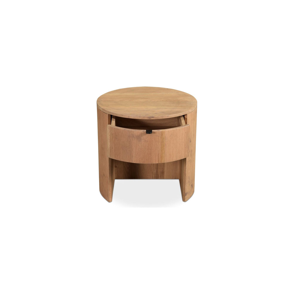 Table de chevet minimaliste en chêne massif courbé à 1 tiroir avec glissières à fermeture douce et poignée métallique pour chambre à coucher