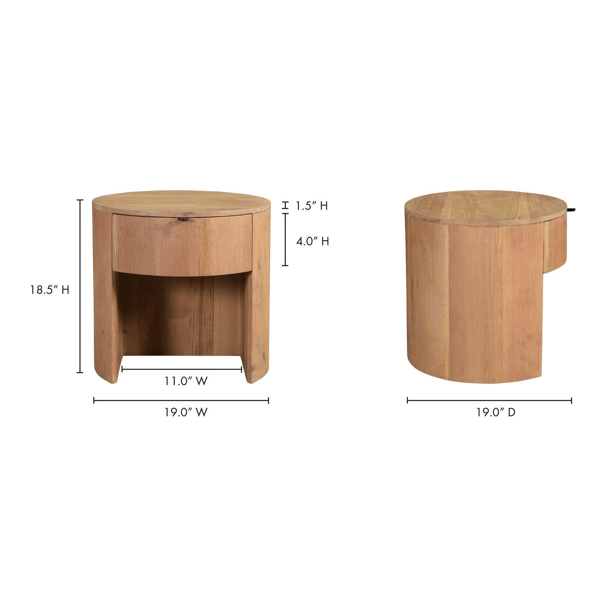 Table de chevet minimaliste en chêne massif courbé à 1 tiroir avec glissières à fermeture douce et poignée métallique pour chambre à coucher