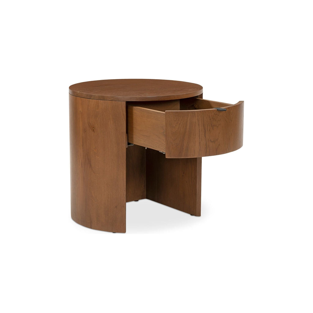 Table de chevet minimaliste en chêne massif courbé à 1 tiroir avec glissières à fermeture douce et poignée métallique pour chambre à coucher