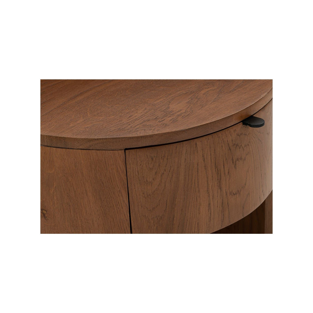 Table de chevet minimaliste en chêne massif courbé à 1 tiroir avec glissières à fermeture douce et poignée métallique pour chambre à coucher