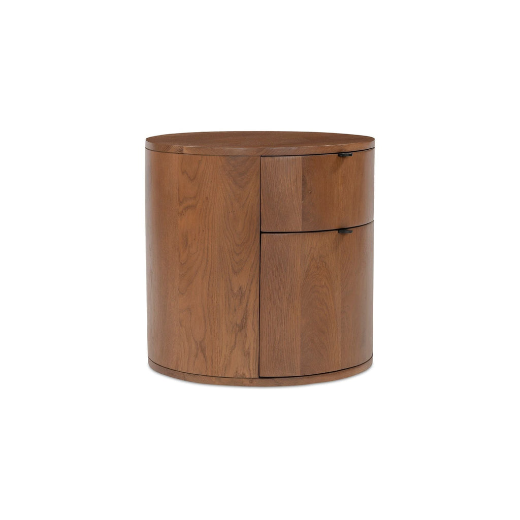 Table de chevet minimaliste en chêne massif courbé à 2 tiroirs avec glissières à fermeture douce et poignée métallique pour chambre à coucher