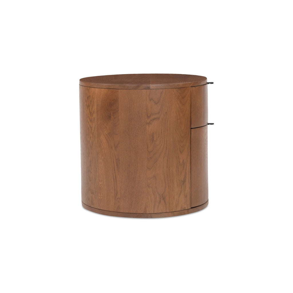 Table de chevet minimaliste en chêne massif courbé à 2 tiroirs avec glissières à fermeture douce et poignée métallique pour chambre à coucher