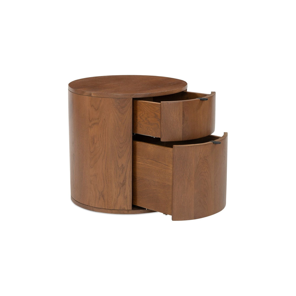 Table de chevet minimaliste en chêne massif courbé à 2 tiroirs avec glissières à fermeture douce et poignée métallique pour chambre à coucher