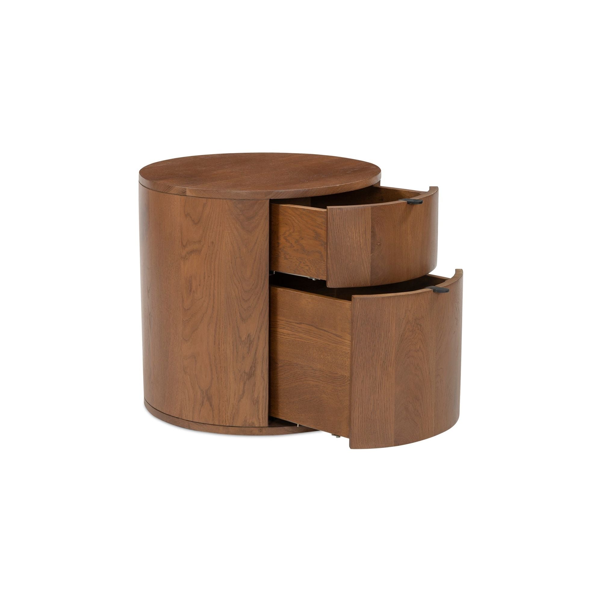 Table de chevet minimaliste en chêne massif courbé à 2 tiroirs avec glissières à fermeture douce et poignée métallique pour chambre à coucher