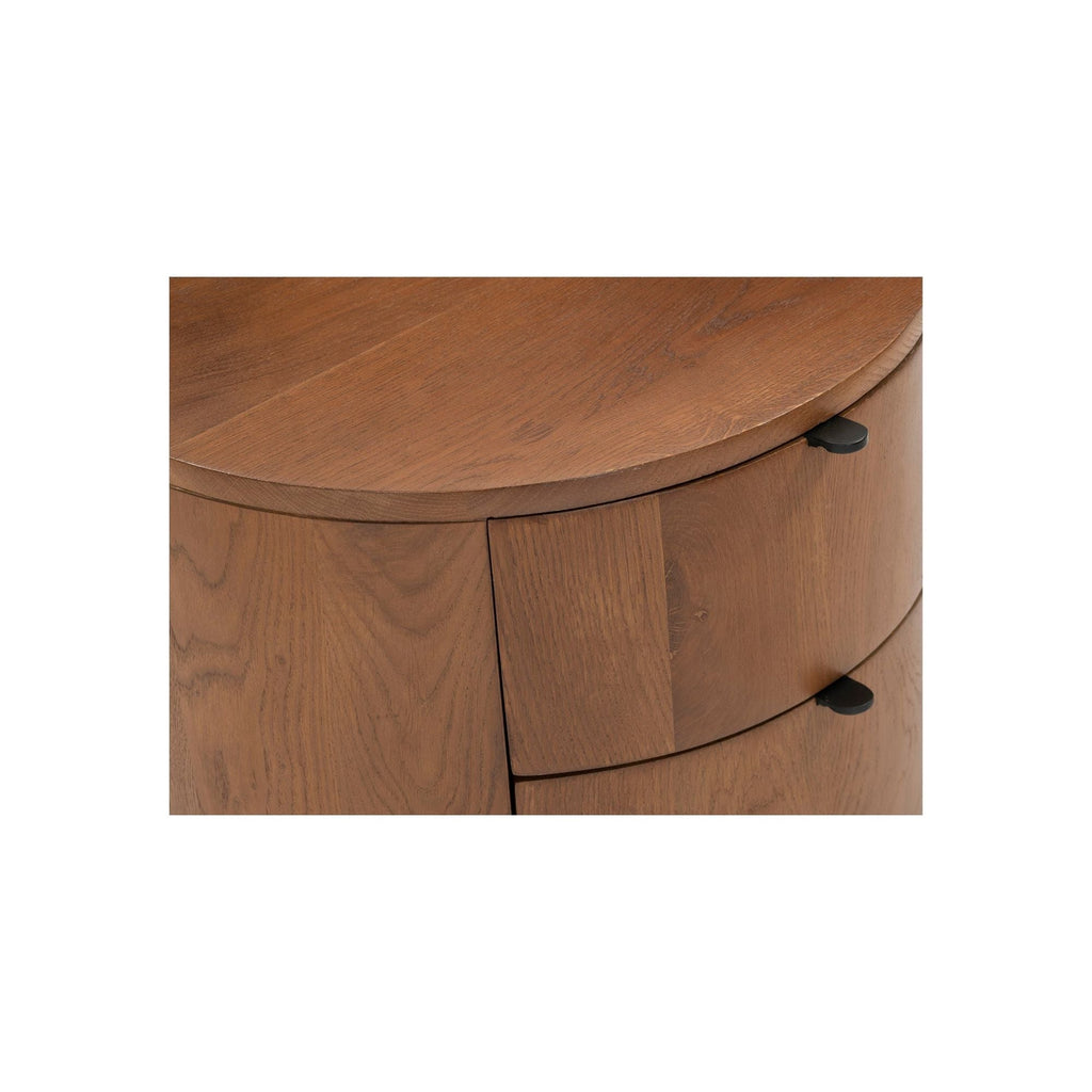 Table de chevet minimaliste en chêne massif courbé à 2 tiroirs avec glissières à fermeture douce et poignée métallique pour chambre à coucher