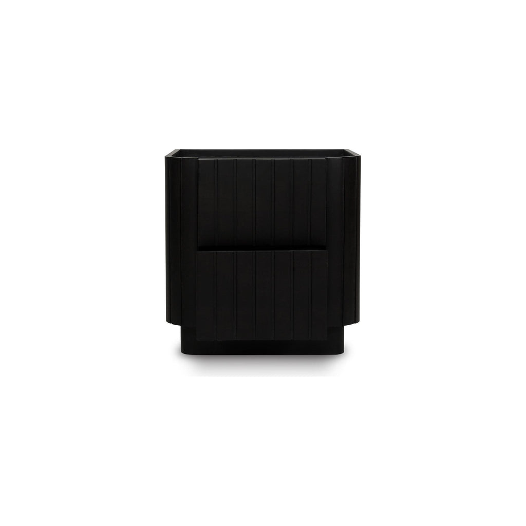 Table de chevet moderne noire en acacia massif avec texture nervurée et tiroirs à fermeture douce pour la chambre