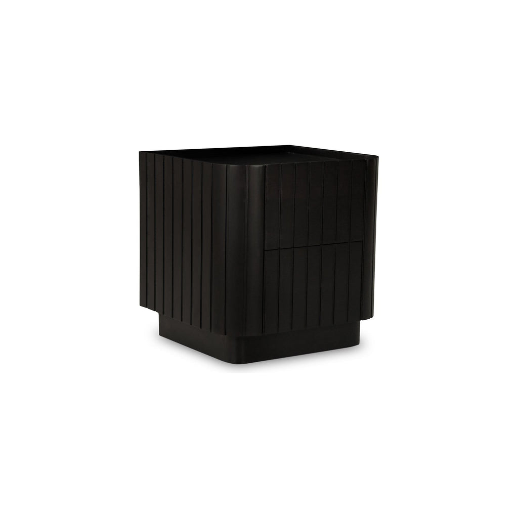 Table de chevet moderne noire en acacia massif avec texture nervurée et tiroirs à fermeture douce pour la chambre