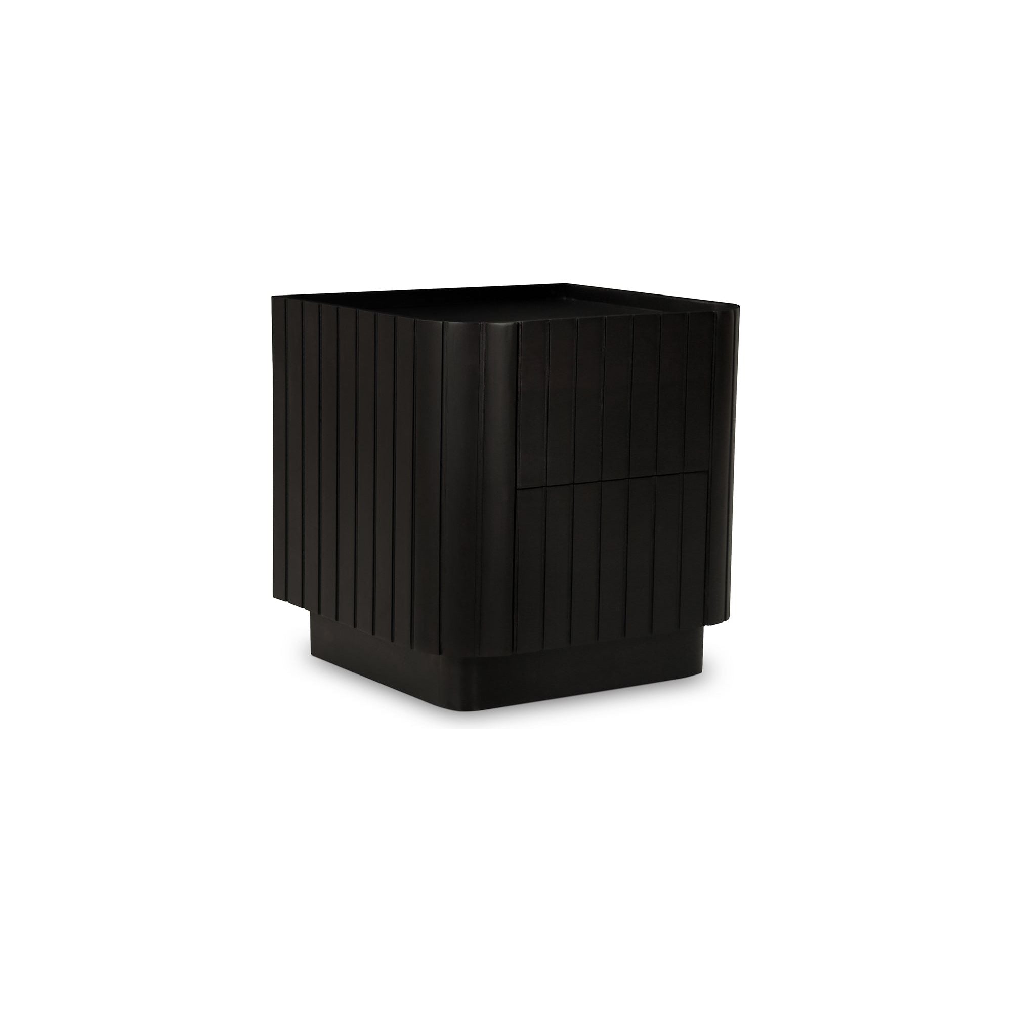 Table de chevet moderne noire en acacia massif avec texture nervurée et tiroirs à fermeture douce pour la chambre