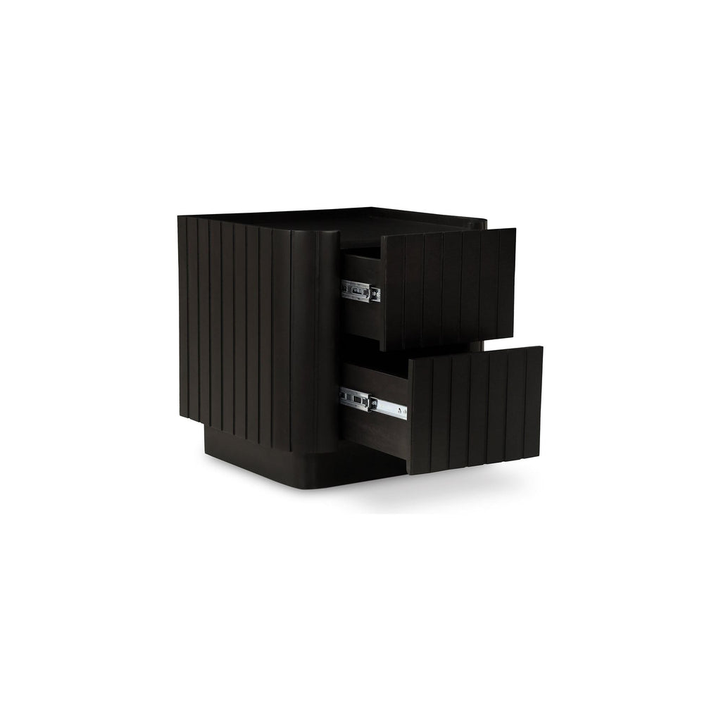 Table de chevet moderne noire en acacia massif avec texture nervurée et tiroirs à fermeture douce pour la chambre