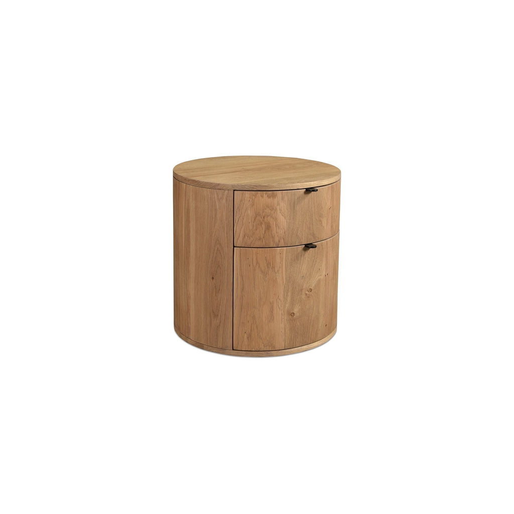 Table de chevet minimaliste en chêne massif courbé à 2 tiroirs avec glissières à fermeture douce et poignée métallique pour chambre à coucher