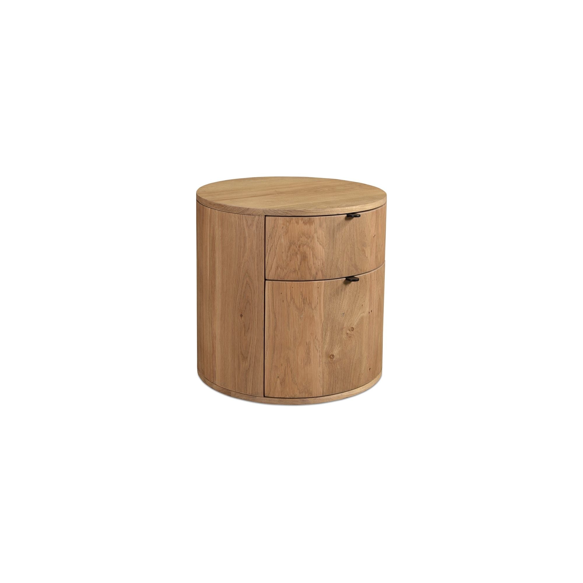 Table de chevet minimaliste en chêne massif courbé à 2 tiroirs avec glissières à fermeture douce et poignée métallique pour chambre à coucher