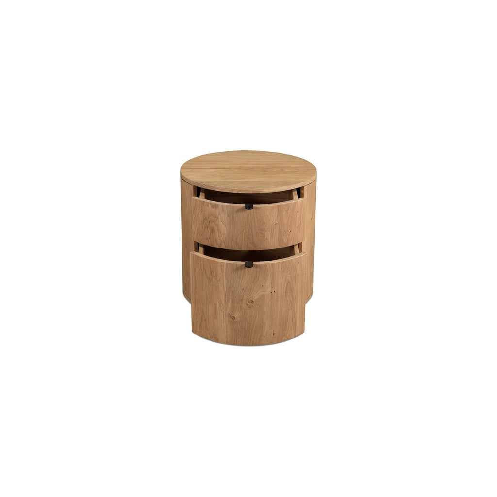 Table de chevet minimaliste en chêne massif courbé à 2 tiroirs avec glissières à fermeture douce et poignée métallique pour chambre à coucher