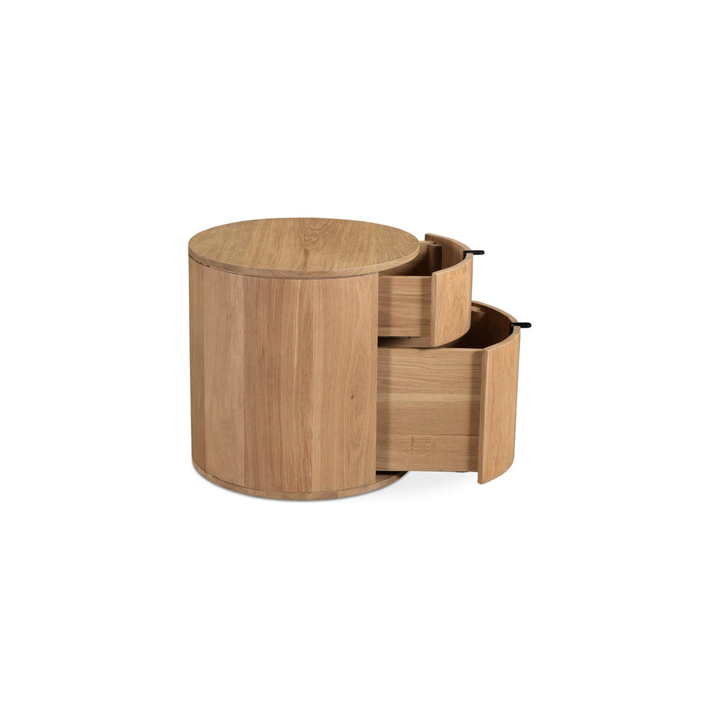 Table de chevet minimaliste en chêne massif courbé à 2 tiroirs avec glissières à fermeture douce et poignée métallique pour chambre à coucher