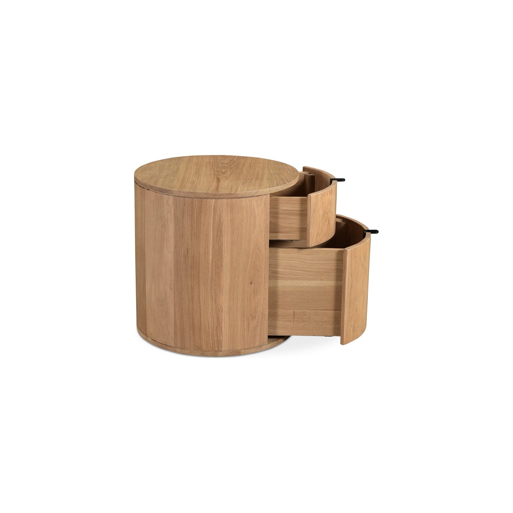 Table de chevet minimaliste en chêne massif courbé à 2 tiroirs avec glissières à fermeture douce et poignée métallique pour chambre à coucher