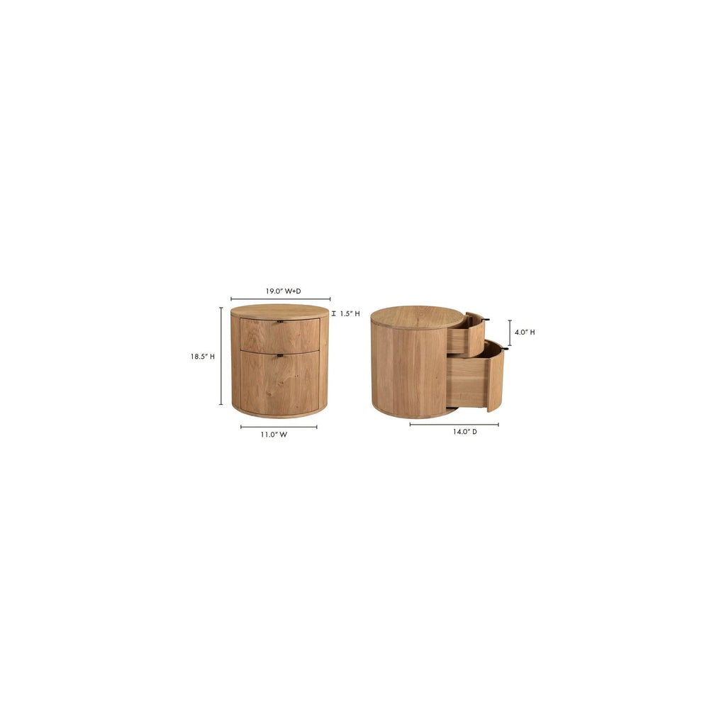 Table de chevet minimaliste en chêne massif courbé à 2 tiroirs avec glissières à fermeture douce et poignée métallique pour chambre à coucher