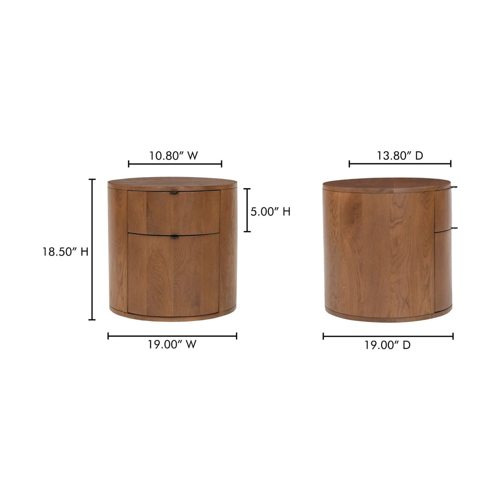 Table de chevet minimaliste en chêne massif courbé à 2 tiroirs avec glissières à fermeture douce et poignée métallique pour chambre à coucher