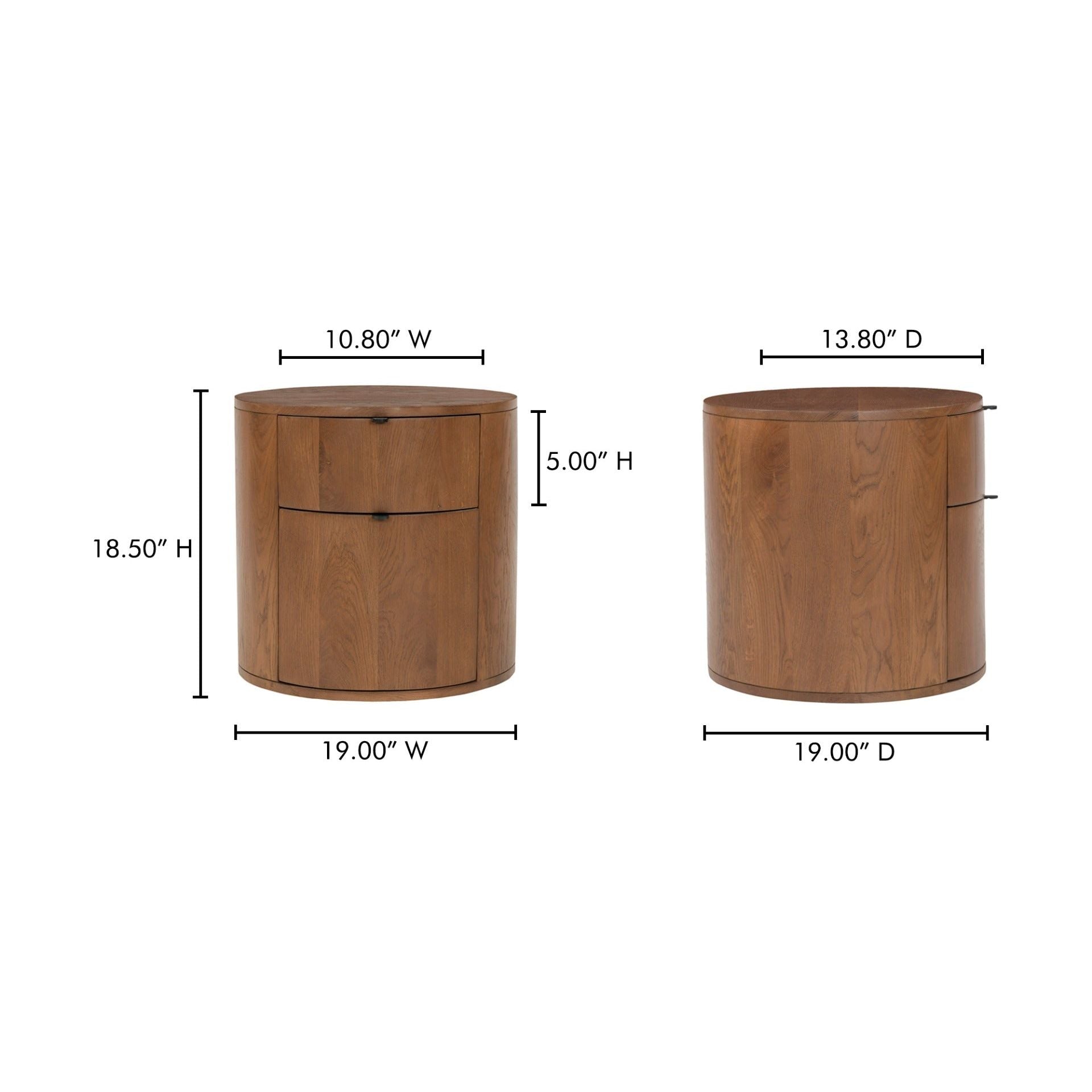 Table de chevet minimaliste en chêne massif courbé à 2 tiroirs avec glissières à fermeture douce et poignée métallique pour chambre à coucher