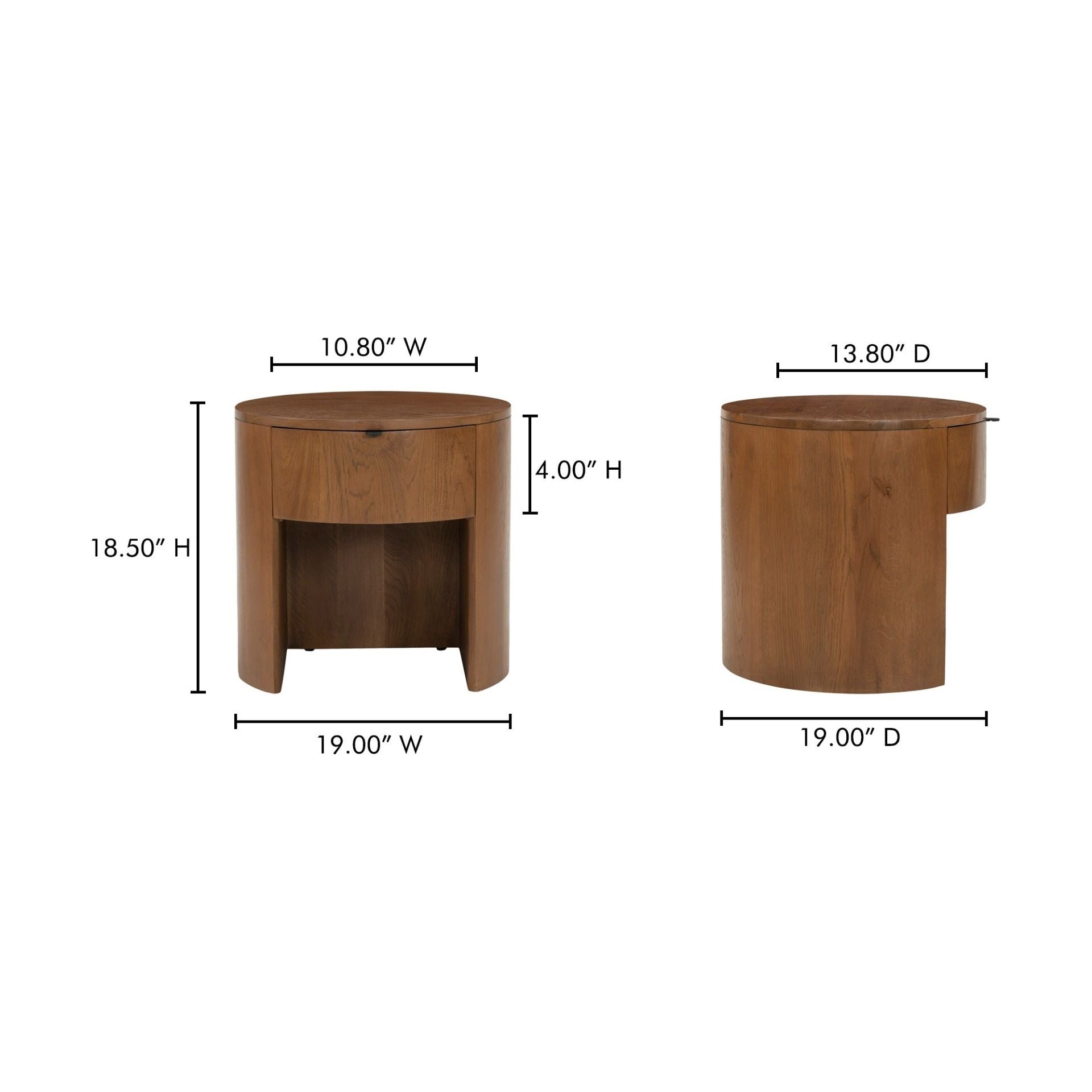 Table de chevet minimaliste en chêne massif courbé à 1 tiroir avec glissières à fermeture douce et poignée métallique pour chambre à coucher