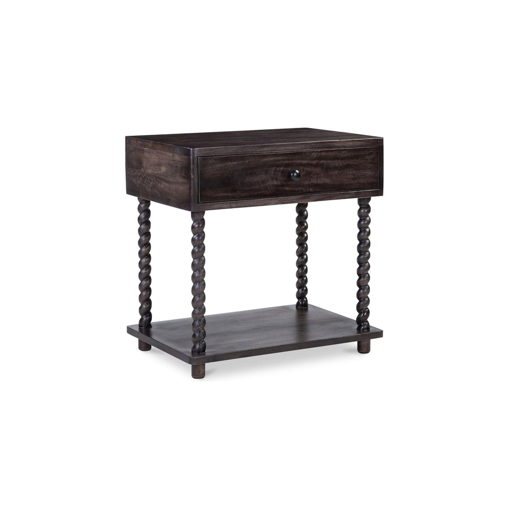 Table de chevet traditionnelle en bois de manguier brun foncé avec pieds tournés et étagère inférieure pour chambre à coucher
