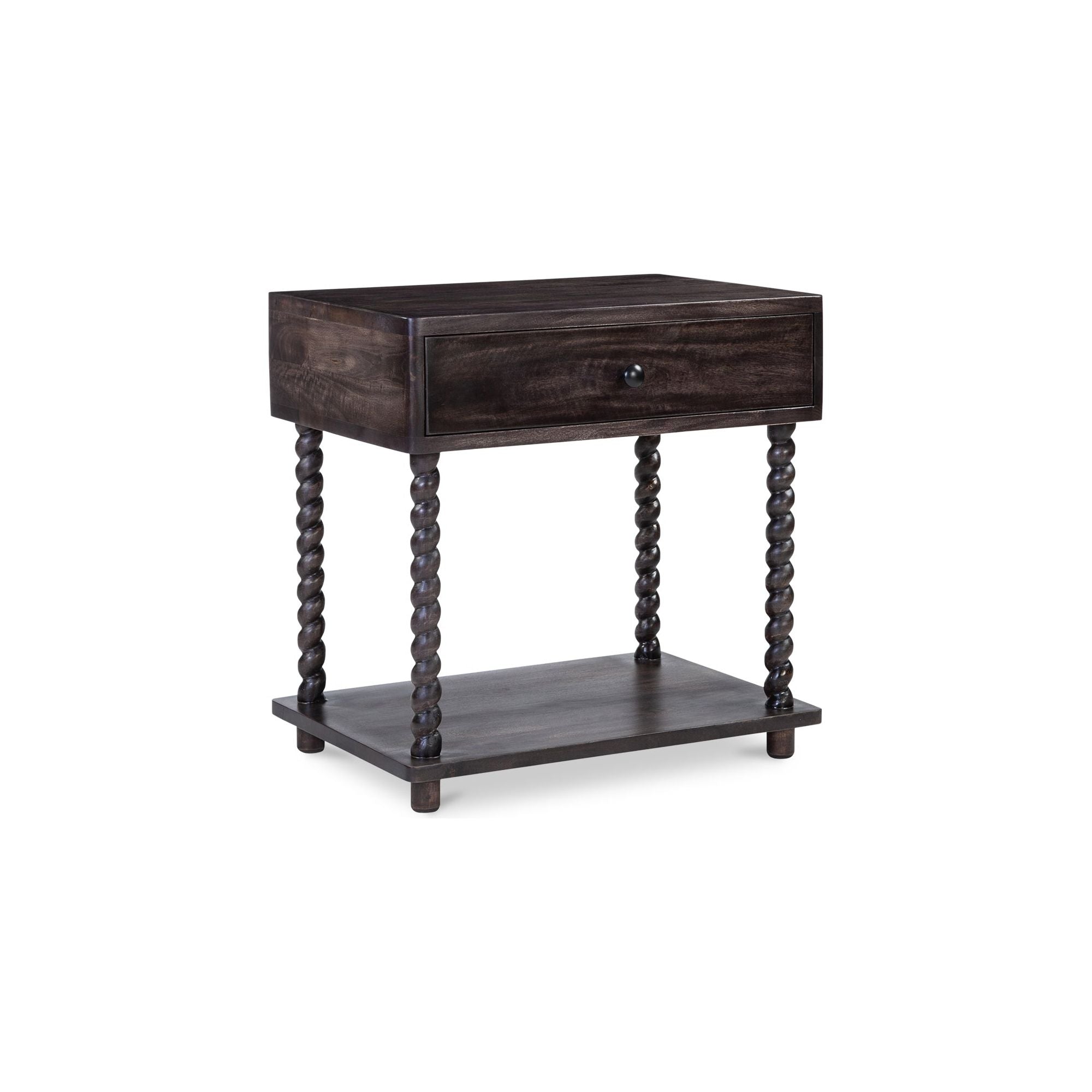 Table de chevet traditionnelle en bois de manguier brun foncé avec pieds tournés et étagère inférieure pour chambre à coucher