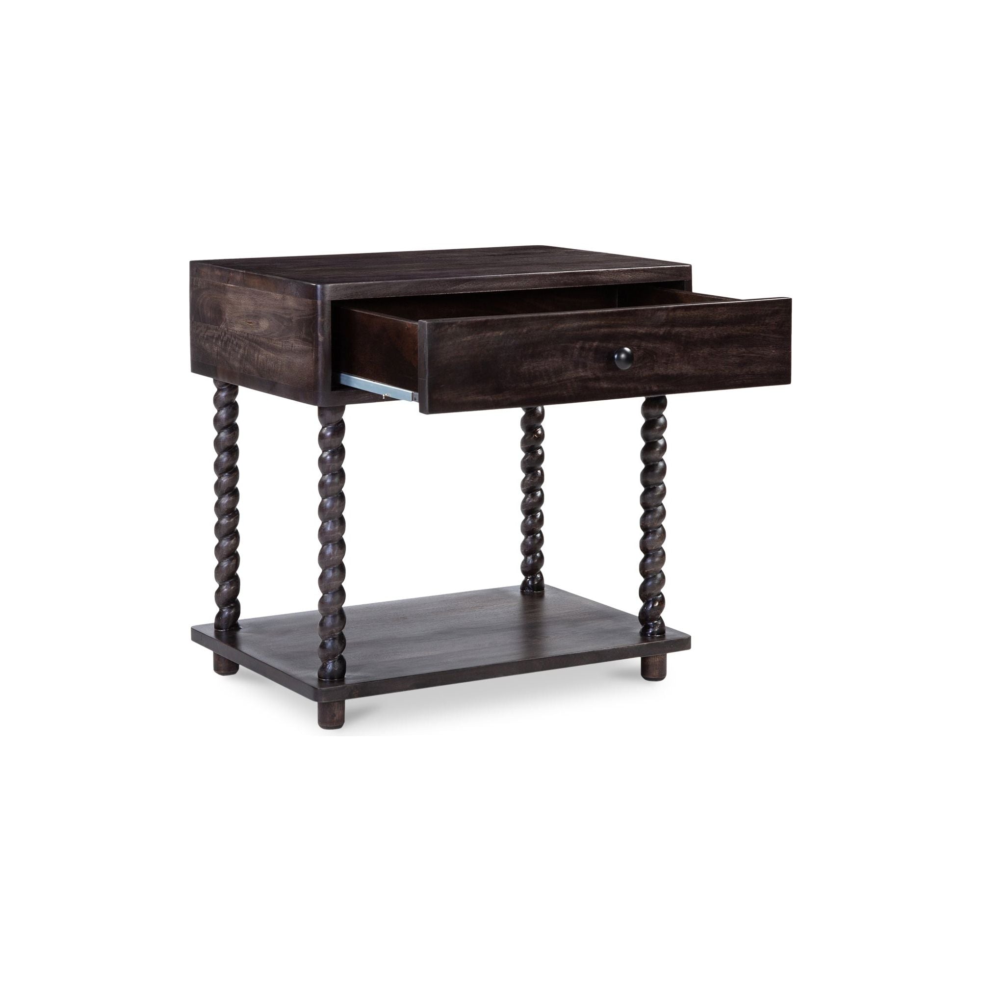Table de chevet traditionnelle en bois de manguier brun foncé avec pieds tournés et étagère inférieure pour chambre à coucher