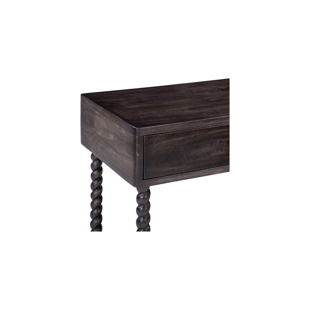 Table de chevet traditionnelle en bois de manguier brun foncé avec pieds tournés et étagère inférieure pour chambre à coucher
