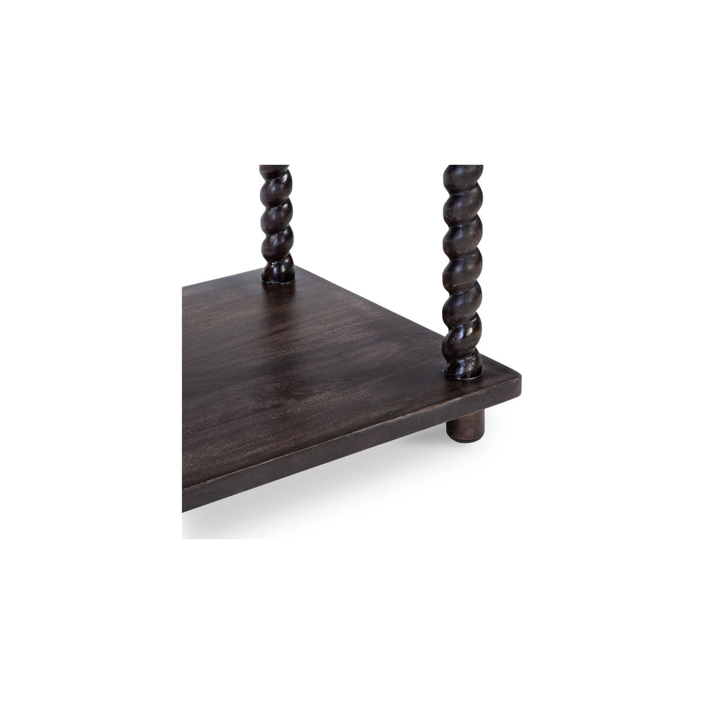 Table de chevet traditionnelle en bois de manguier brun foncé avec pieds tournés et étagère inférieure pour chambre à coucher