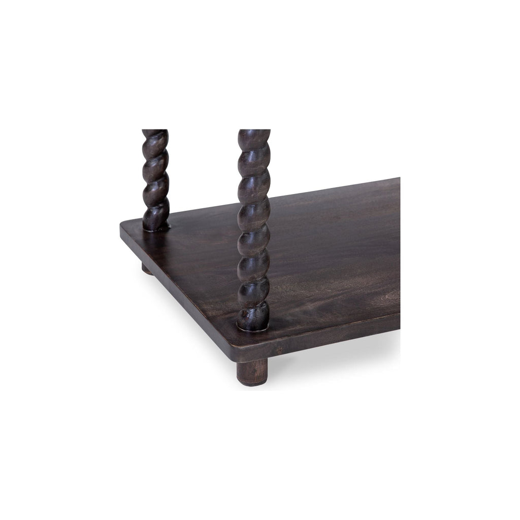 Table de chevet traditionnelle en bois de manguier brun foncé avec pieds tournés et étagère inférieure pour chambre à coucher