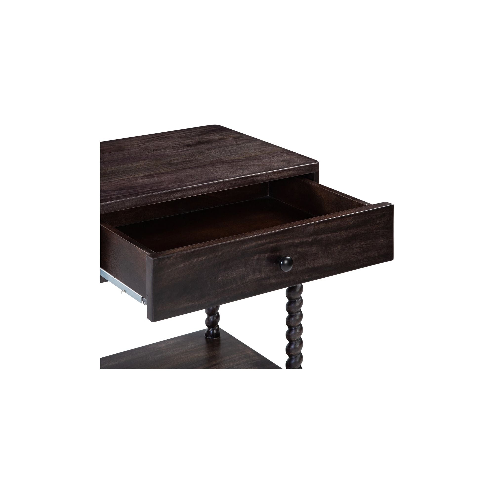 Table de chevet traditionnelle en bois de manguier brun foncé avec pieds tournés et étagère inférieure pour chambre à coucher