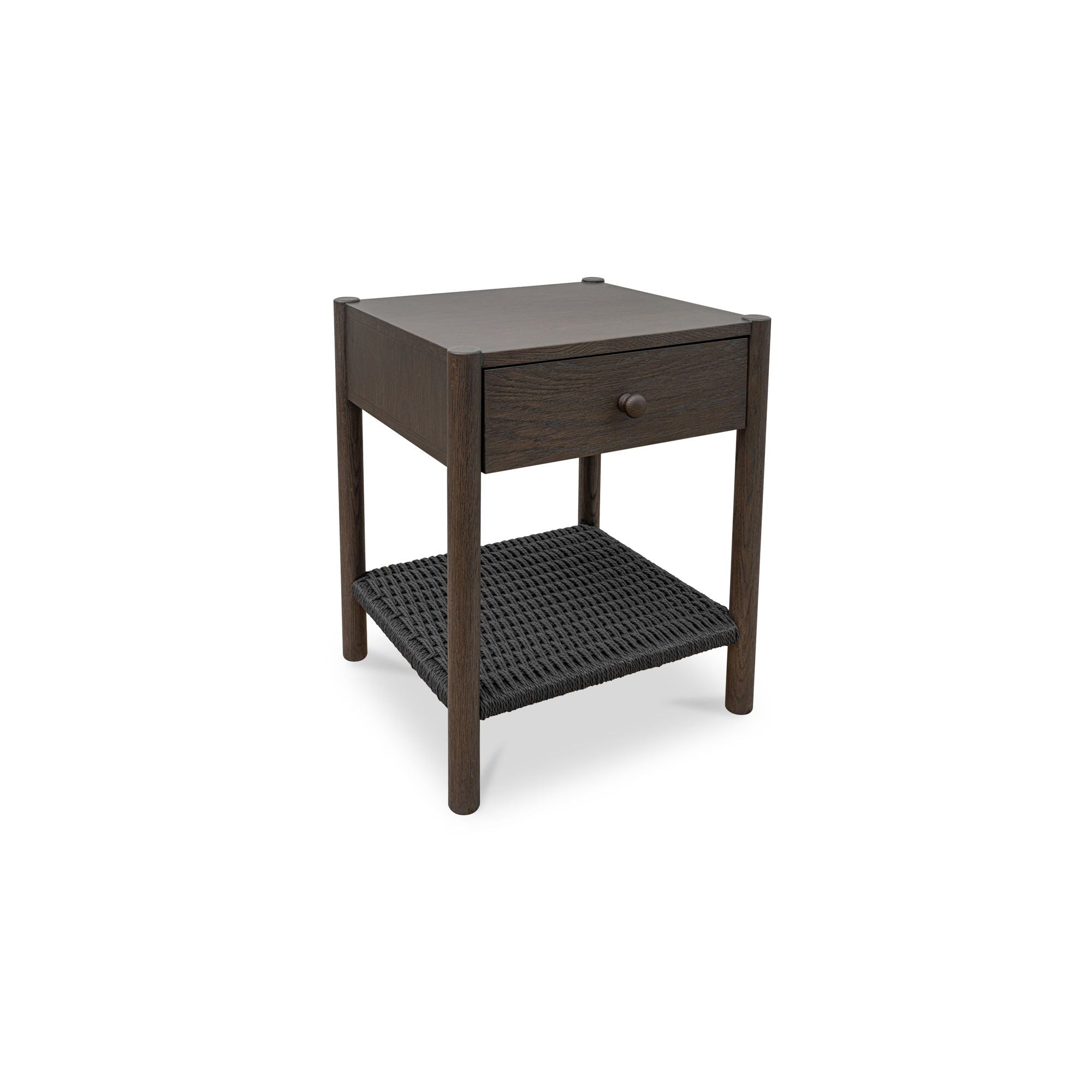 Table de chevet discrète en corde de papier tressée et chêne massif avec tiroir à fermeture amortie et étagère ouverte pour chambre à coucher