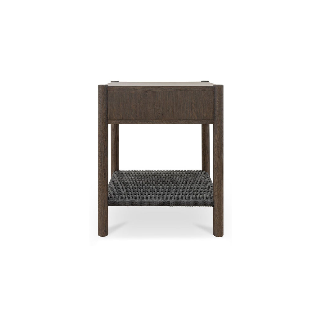 Table de chevet discrète en corde de papier tressée et chêne massif avec tiroir à fermeture amortie et étagère ouverte pour chambre à coucher
