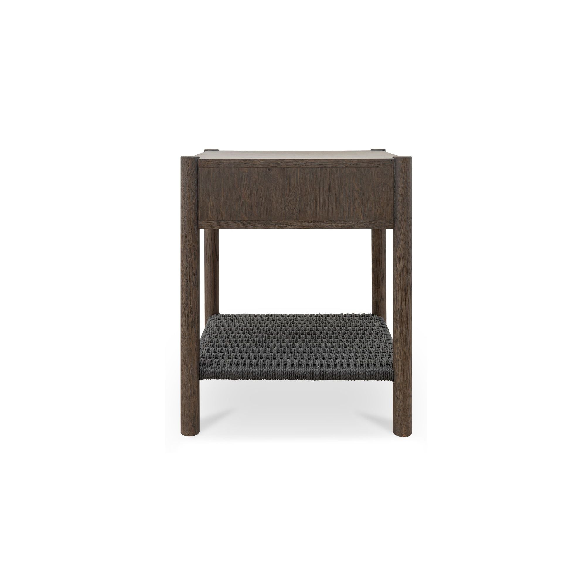 Table de chevet discrète en corde de papier tressée et chêne massif avec tiroir à fermeture amortie et étagère ouverte pour chambre à coucher