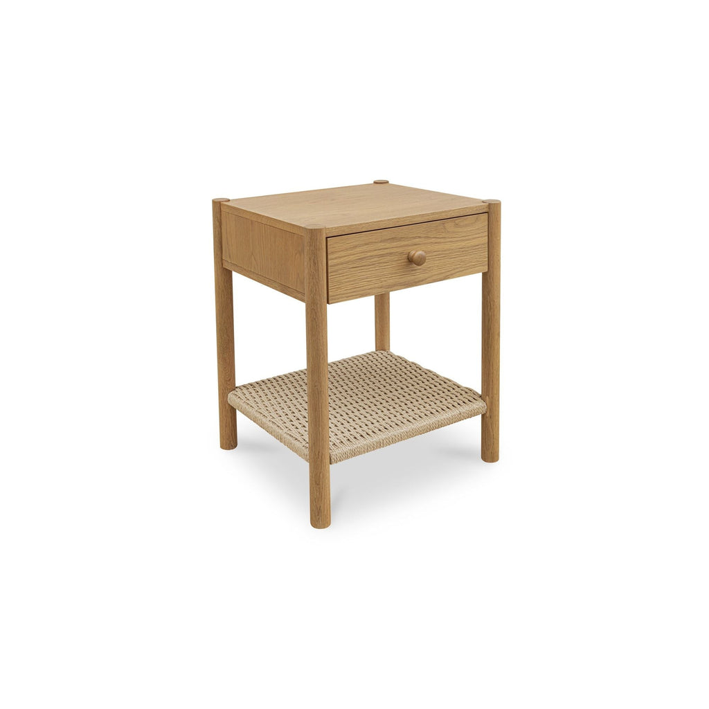 Table de chevet discrète en corde de papier tressée et chêne massif avec tiroir à fermeture amortie et étagère ouverte pour chambre à coucher