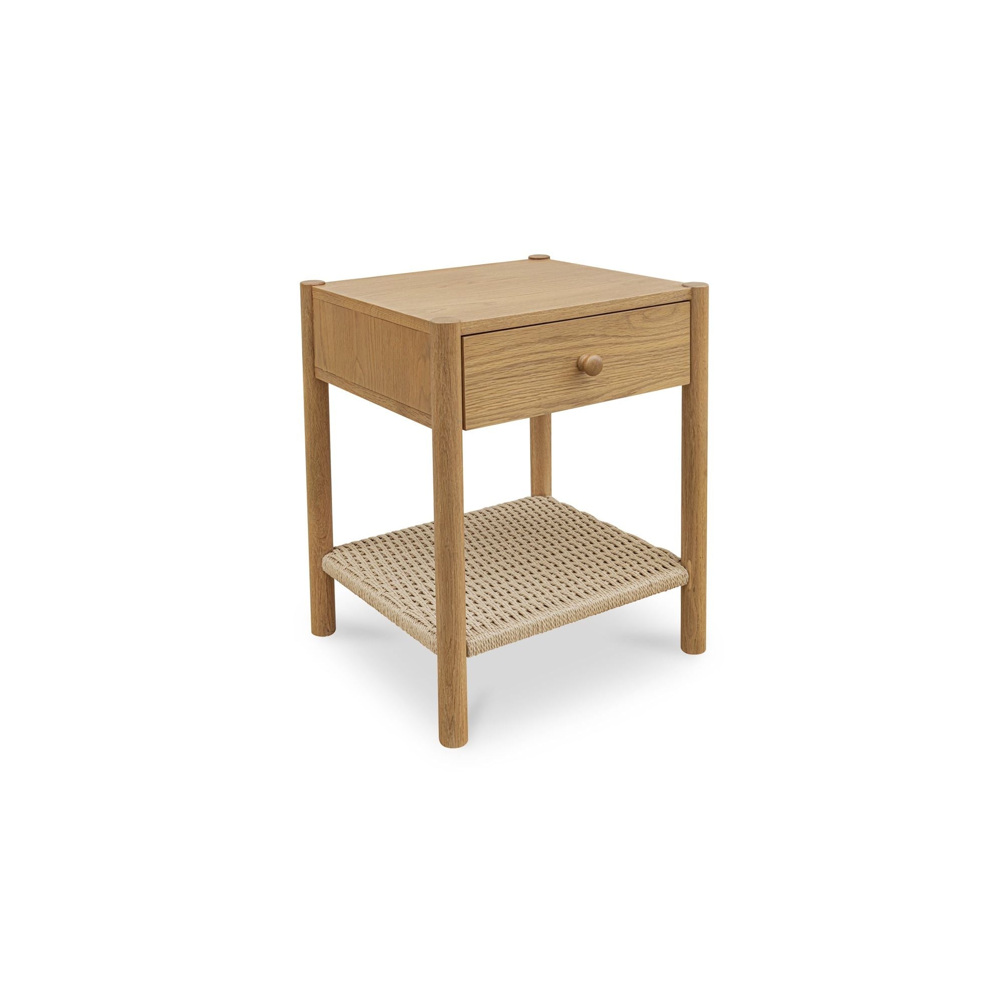 Table de chevet discrète en corde de papier tressée et chêne massif avec tiroir à fermeture amortie et étagère ouverte pour chambre à coucher