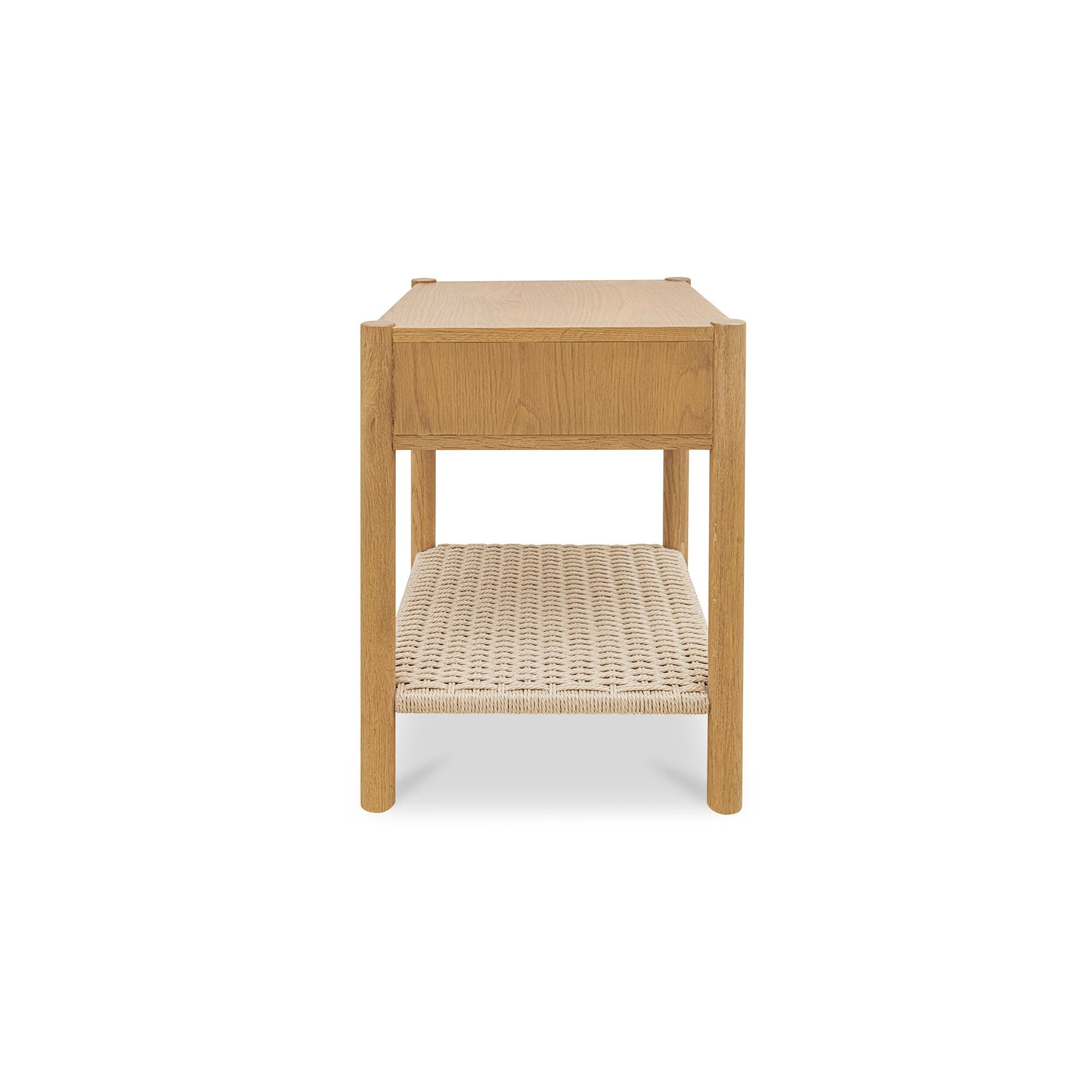 Table de chevet discrète en corde de papier tressée et chêne massif avec tiroir à fermeture amortie et étagère ouverte pour chambre à coucher