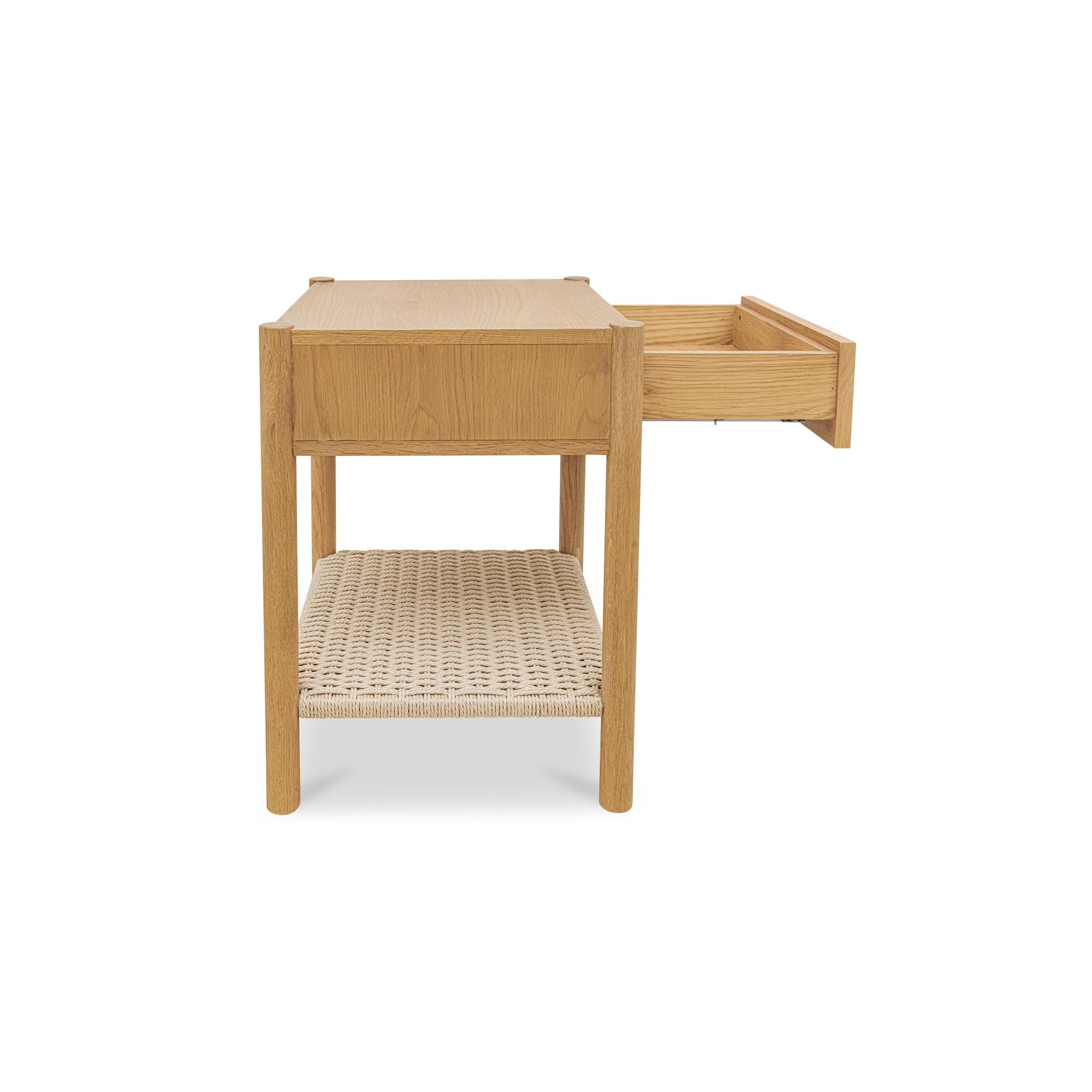 Table de chevet discrète en corde de papier tressée et chêne massif avec tiroir à fermeture amortie et étagère ouverte pour chambre à coucher